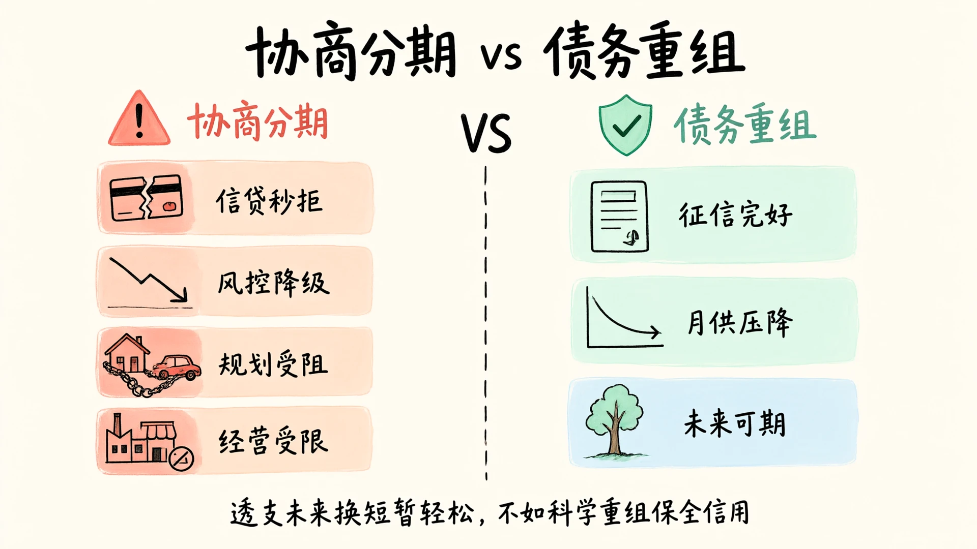 协商分期与债务重组对比：协商分期导致征信终身受损，债务重组保全征信